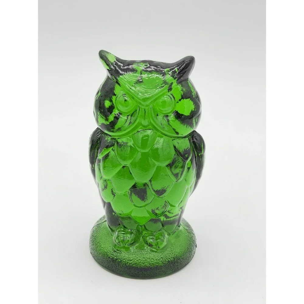 Mosser Art Glass Green Emerald Owl Figurine 3.5”H Etched Vintage Rare